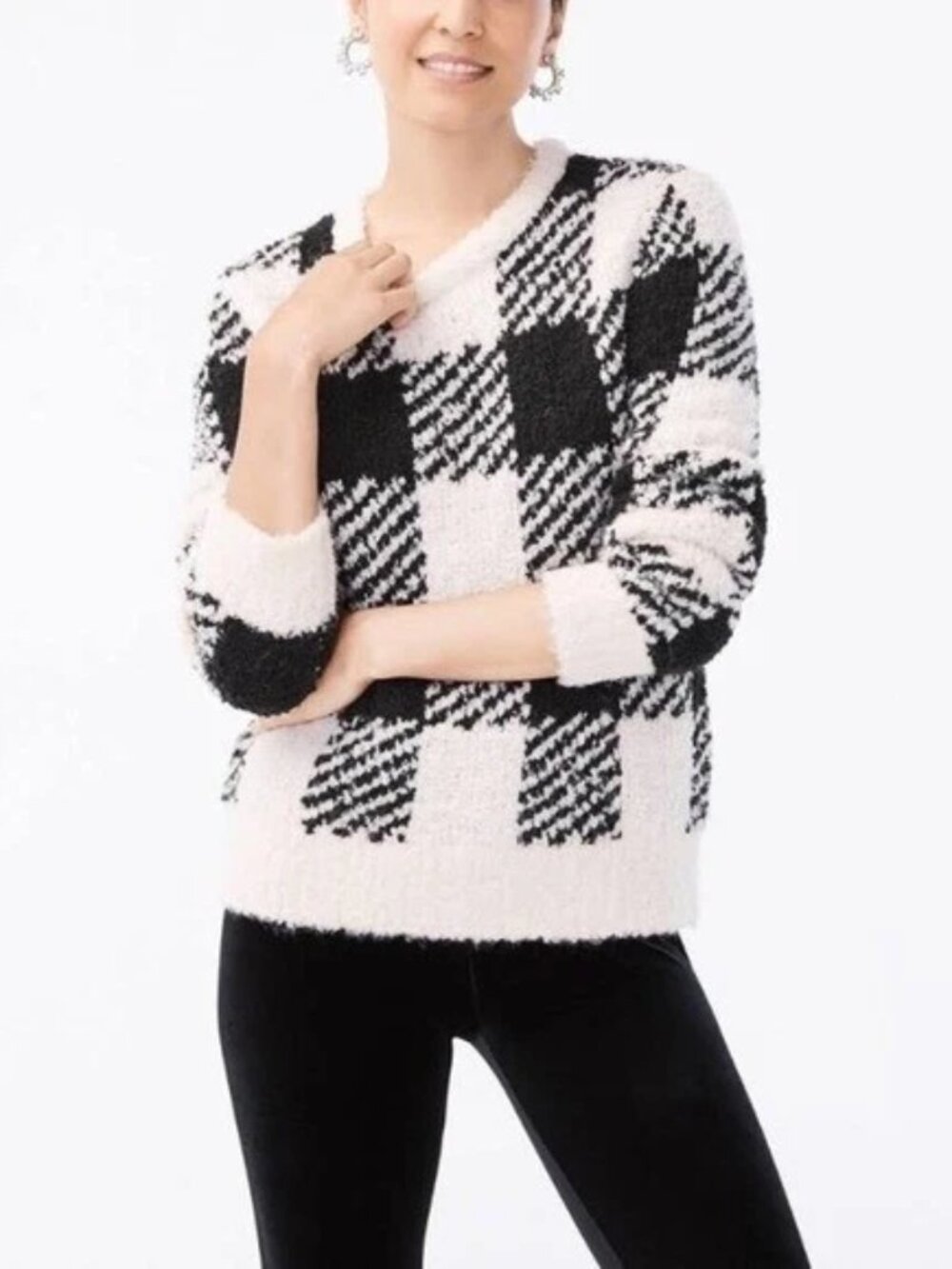 J CREW Boucle Sweater Buffalo-Check Chunky Knit Wool Alpaca Black Ivory size M